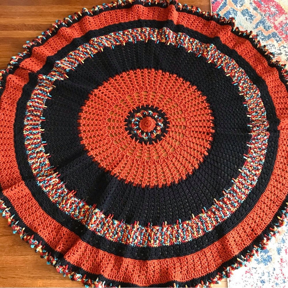 vintage Crochet round throw blanket 55” boho hippie